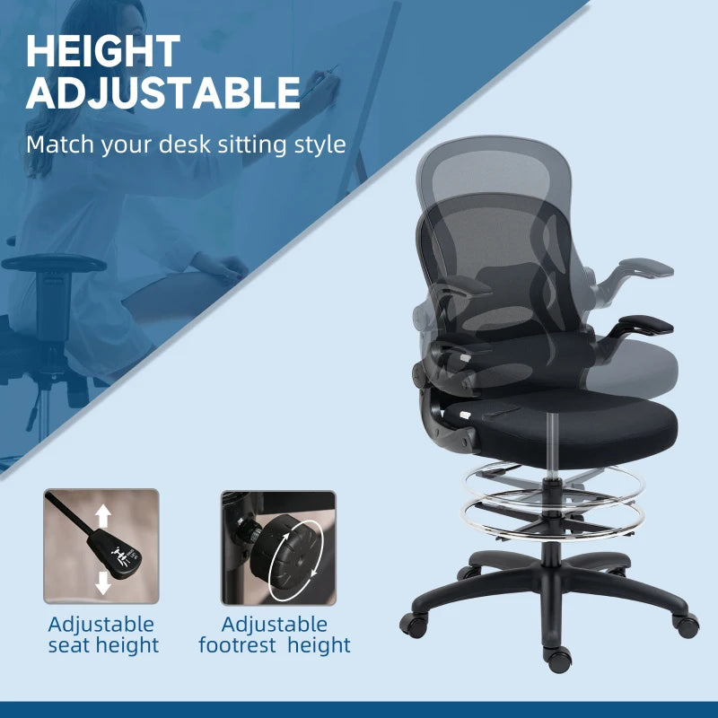 Black Mesh Standing Desk Chair with Adjustable Armrests & Footrest