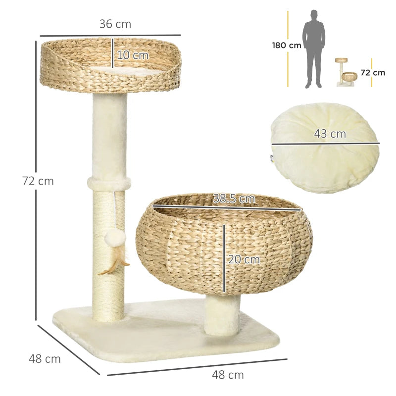 72cm Cat Tree Tower with Sisal Scratching Post, Beds, Toy Ball - Grey