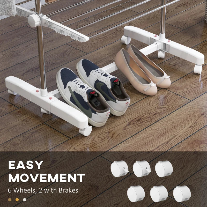 White 4-Shelf Folding Clothes Drying Rack with Side Arms and Wheels