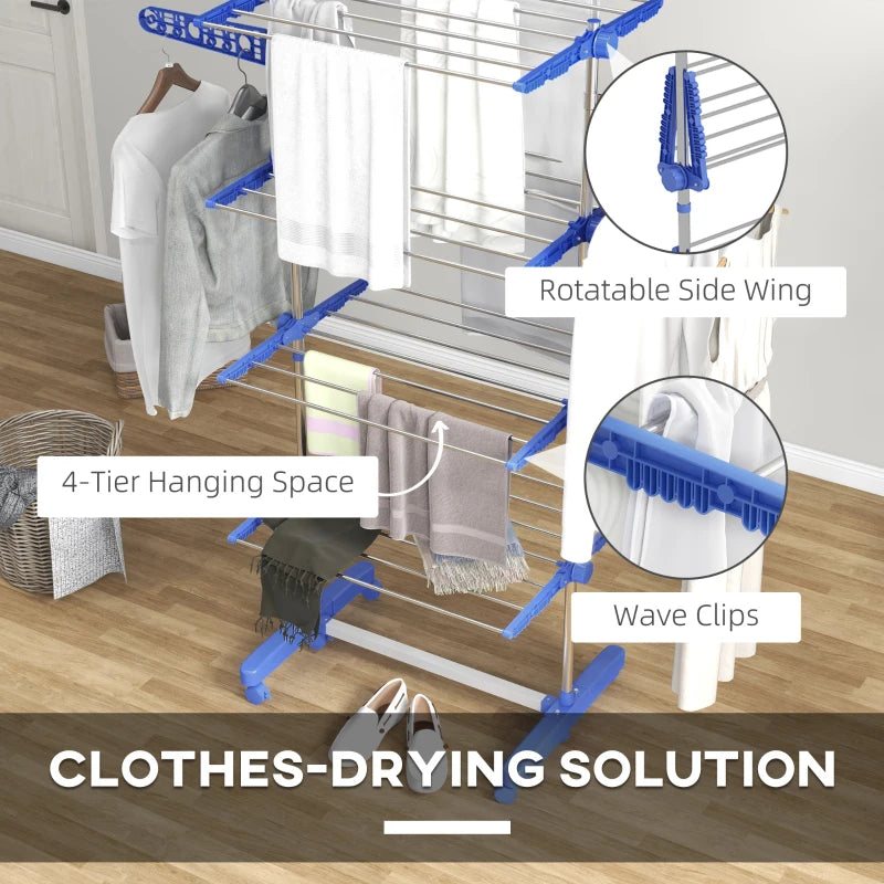 Blue 4-Shelf Folding Clothes Drying Rack with Side Arms and Wheels