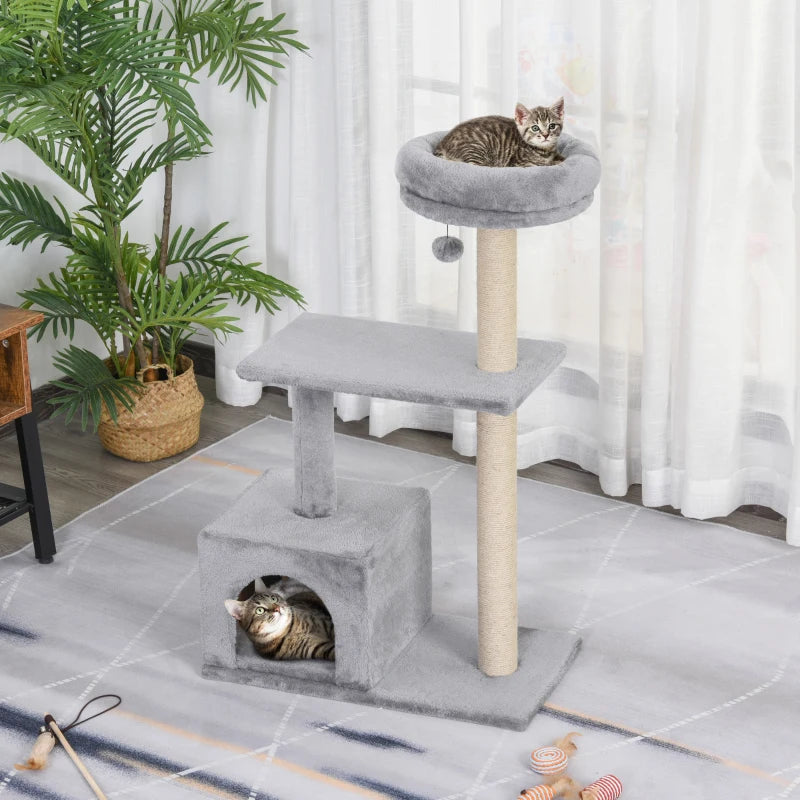 Grey Cat Tree Condo with Scratching Post and Dangling Ball