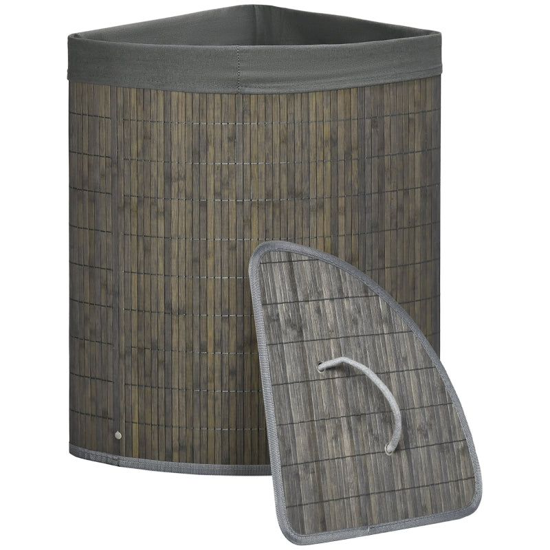 Grey Bamboo Laundry Basket with Lid, 55L Hamper & Washable Lining