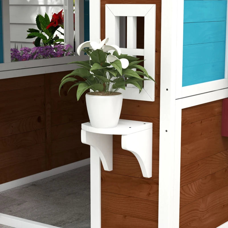 Kids Wooden Playhouse with Doors, Windows, Planters - Dark Brown