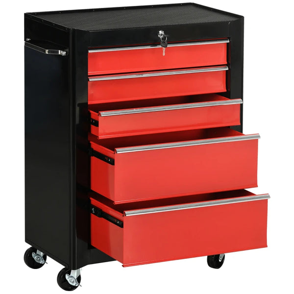 Red 5-Drawer Lockable Steel Tool Chest with Wheels and Handle