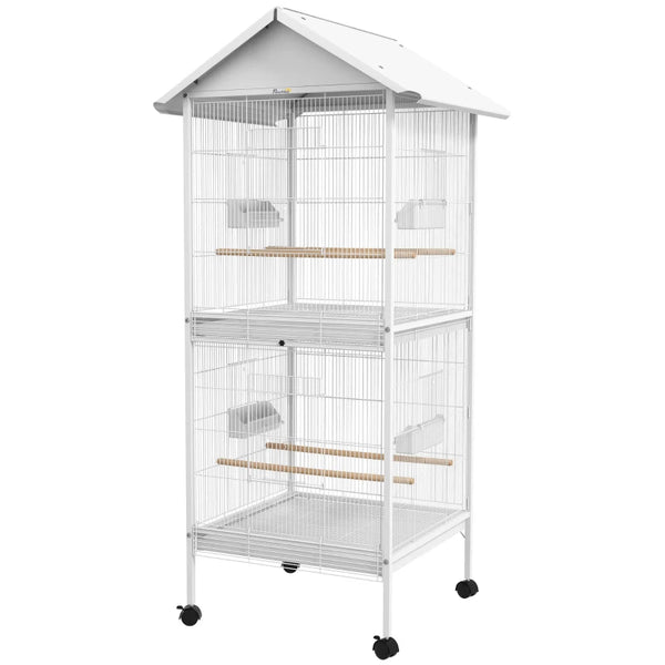 White Bird Cage with Stand, Perches & Wheels - Large Parrot Cage for Small Birds