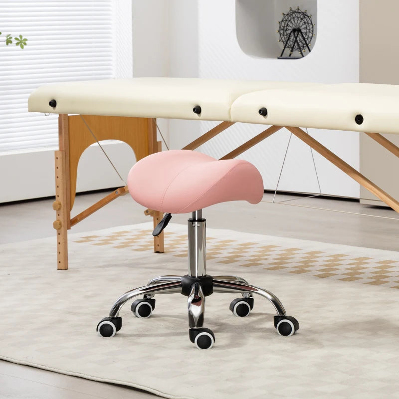 Height Adjustable Pink Salon Saddle Stool, Faux Leather