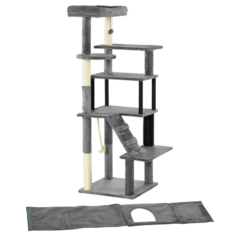 Grey Cat Tree Tower with Scratching Post and Toy