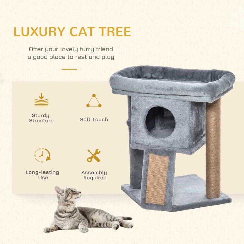 Grey Cat Tree Tower with Scratching Post and Toy Ball