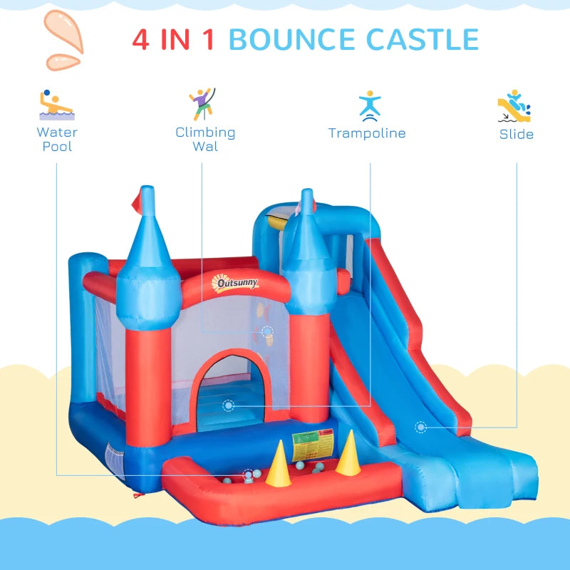 Kids 4-in-1 Inflatable Bouncy Castle with Slide & Pool - Blue