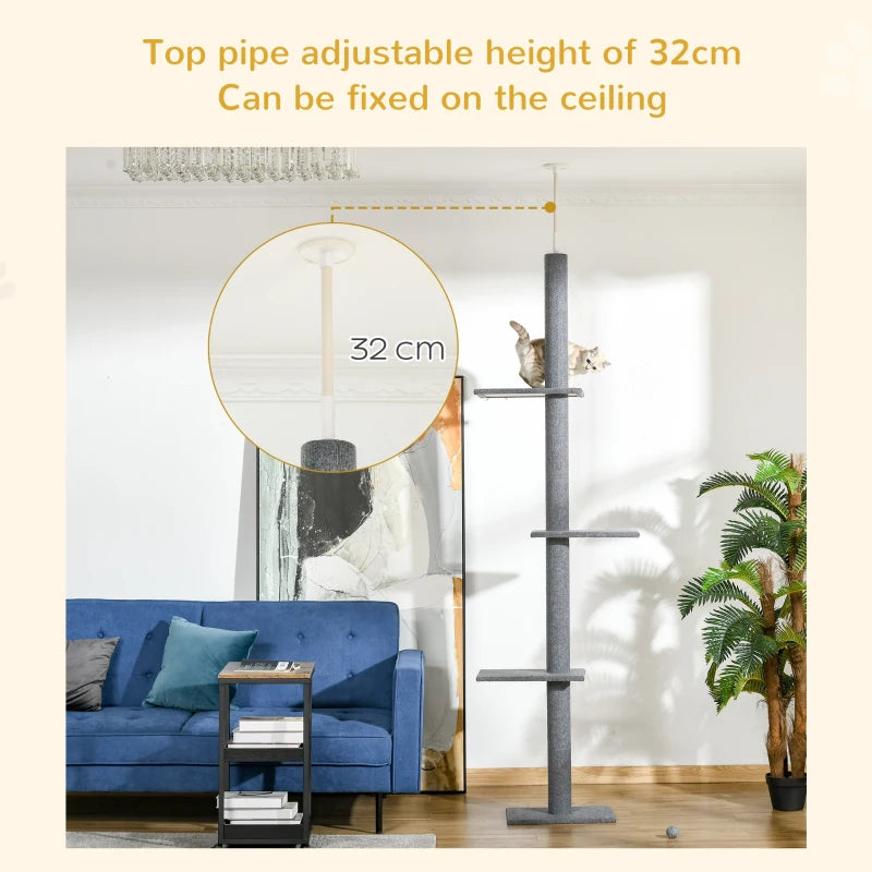 Grey 260cm Cat Tree with 3 Perches -  Floor-to-Ceiling Activity Center