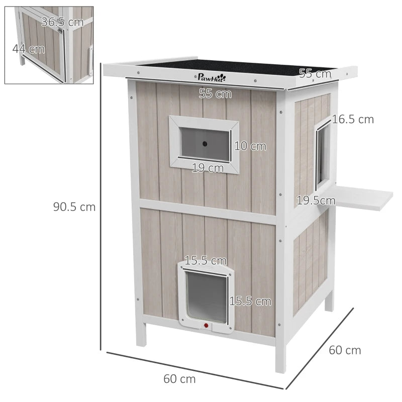 Wooden 2-Tier Cat Shelter with Escape Doors & Asphalt Roof - Light Grey