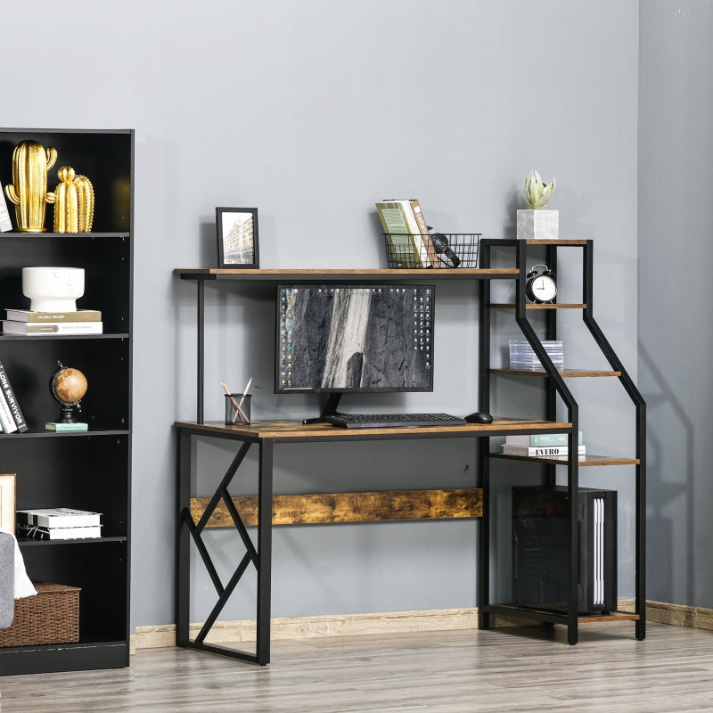 Rustic Brown Industrial Computer Desk with 6 Tier Shelves