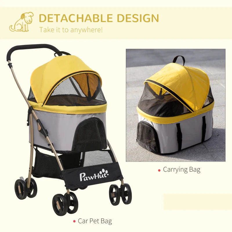 Yellow Pet Stroller with Rain Cover for Small Dogs