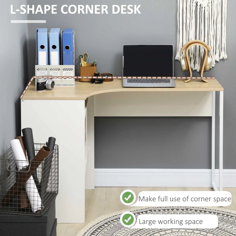 Corner Computer Desk with Drawers and Storage Compartments, Light Brown