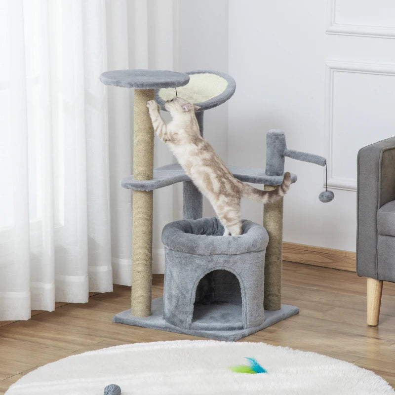 Grey Cat Tree Tower with Scratching Posts and Plush Perches