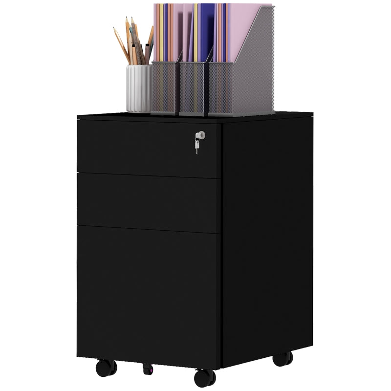 Black 3-Drawer Steel Filing Cabinet with Lock and Wheels