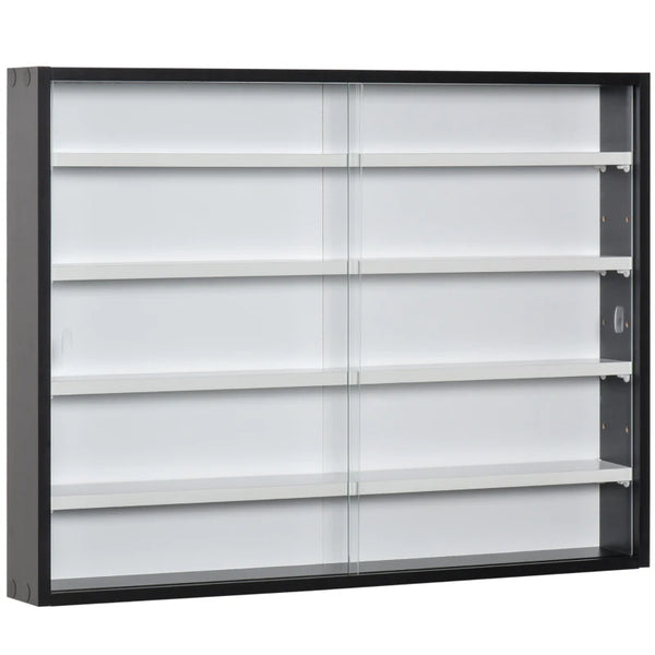 5-Tier Glass Door Wall Display Shelf - Adjustable Shelves, 60x80cm, Black/White