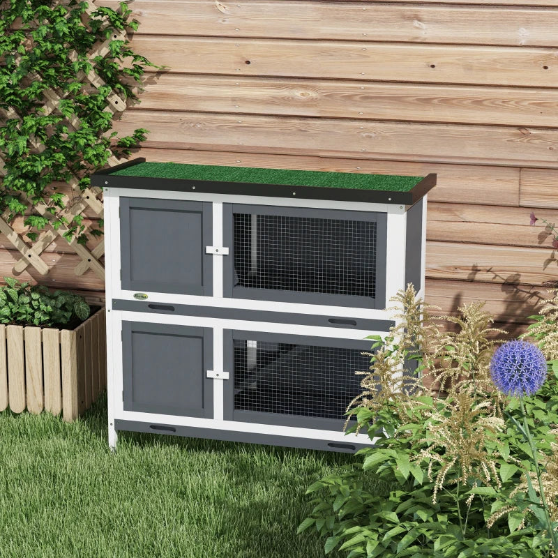 Grey 2 Tier Outdoor Rabbit Hutch with Sliding Tray, 100 x 47 x 91cm