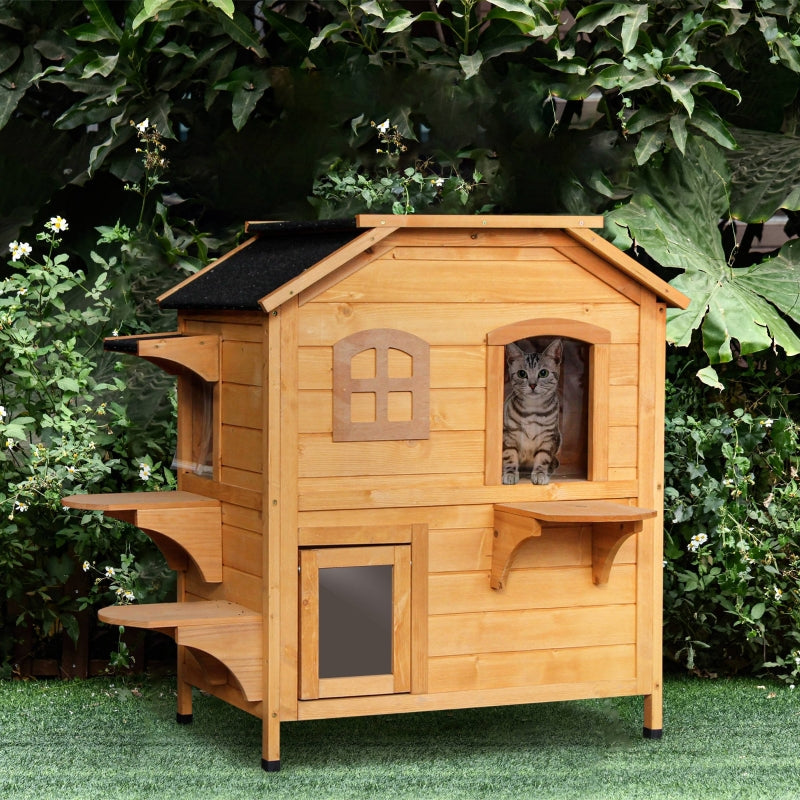 Wooden 2-Story Outdoor Cat House - Weatherproof, Natural Wood Finish