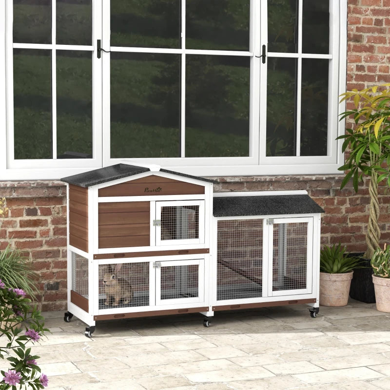 Brown Wooden Pet Hutch with Wheels - 2-Tier Run