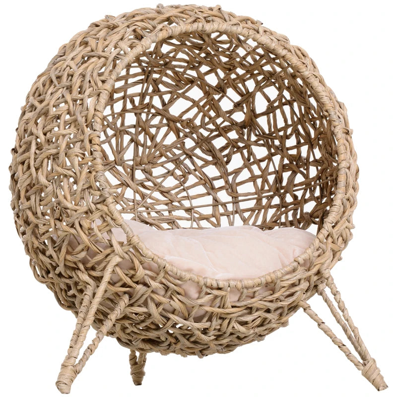 Rattan Cat Bed with Tripod Legs & Cushion - Natural Wood