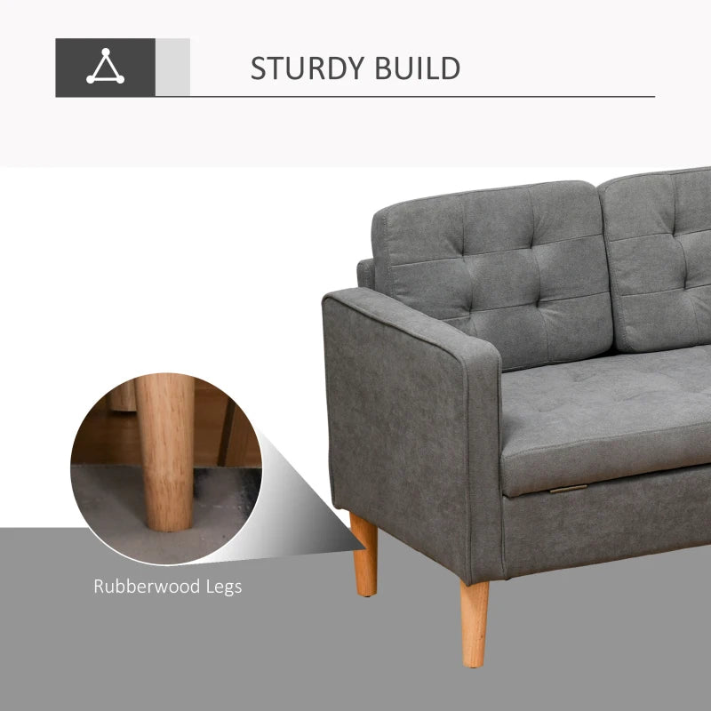 Grey Tufted 3 Seater Sofa with Hidden Storage and Wood Legs