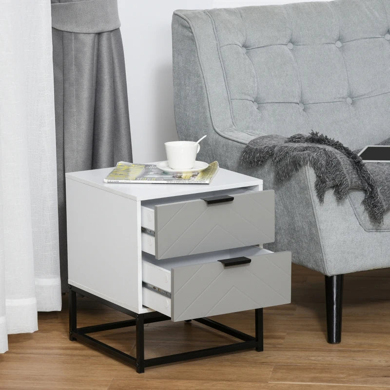 White 2-Drawer Bedside Table with Metal Base