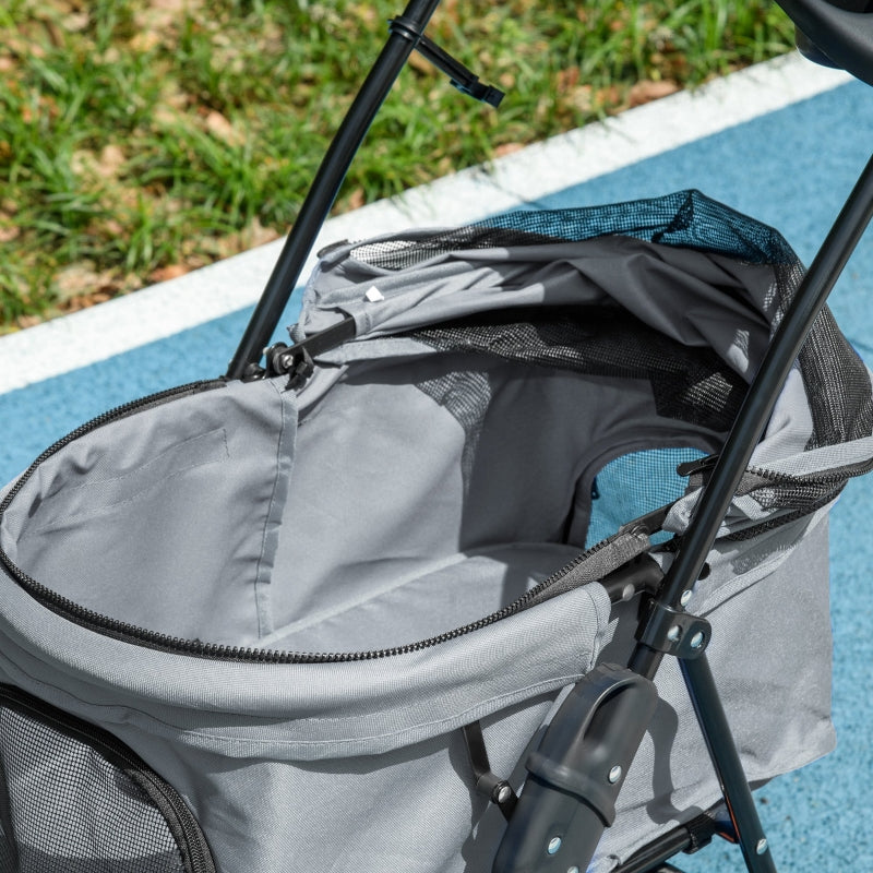 Grey Pet Stroller with Canopy and Storage Basket