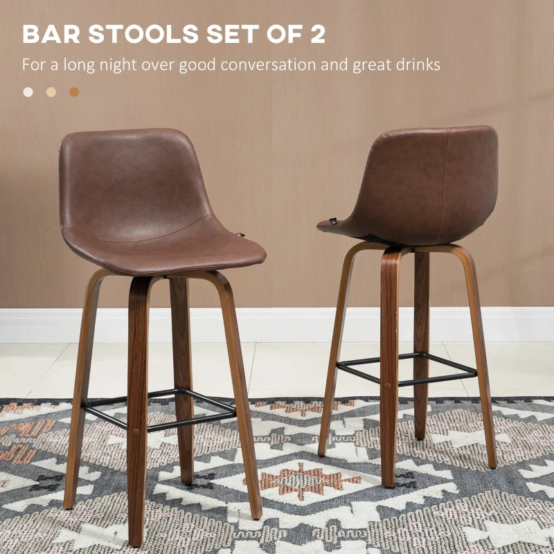Brown PU Leather Bar Stools Set of 2 with Backs and Wood Legs