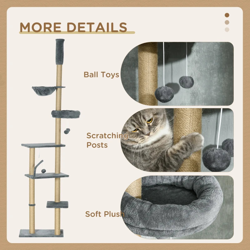 Grey 6-Tier Floor to Ceiling Cat Tree with Scratching Post and Hammock