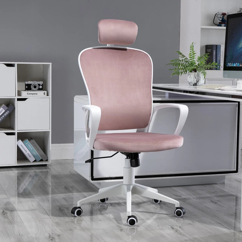 Velvet Pink Ergonomic High Back Office Chair with Adjustable Headrest