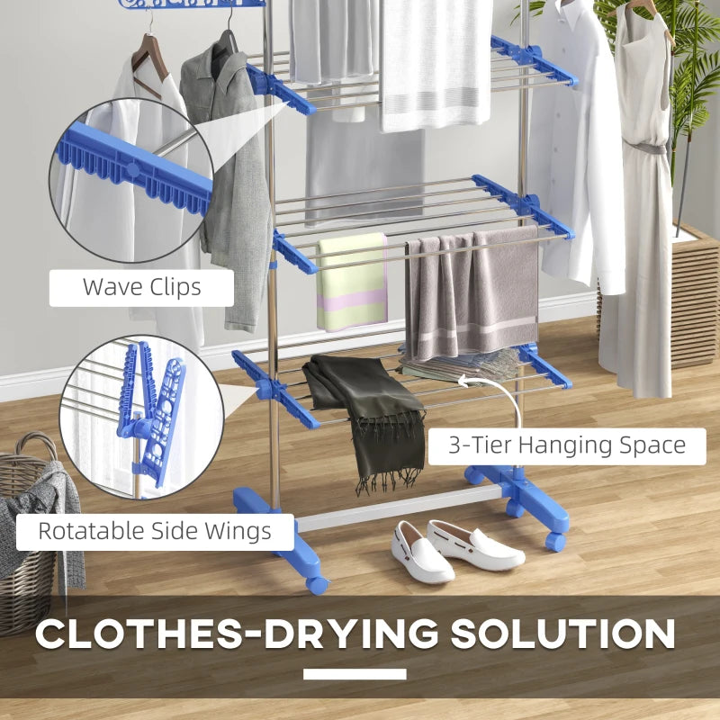 Blue Folding Clothes Drying Rack with Side Arms and Wheels