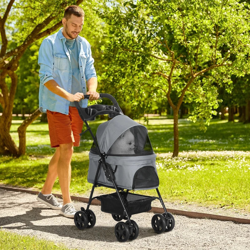 Grey Pet Stroller with Canopy and Storage Basket