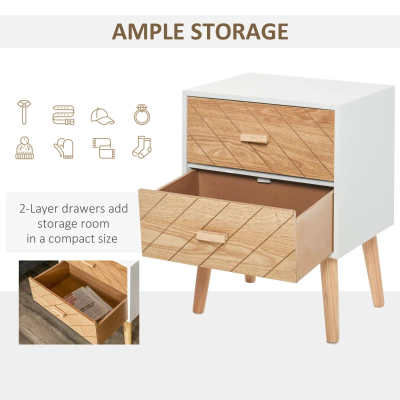 Natural Wood 2-Drawer Bedside Table with Pine Legs