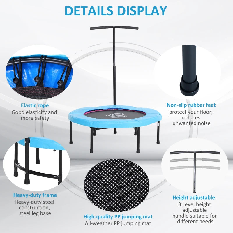 Blue Adjustable Handle Trampoline Rebounder for Kids and Adults