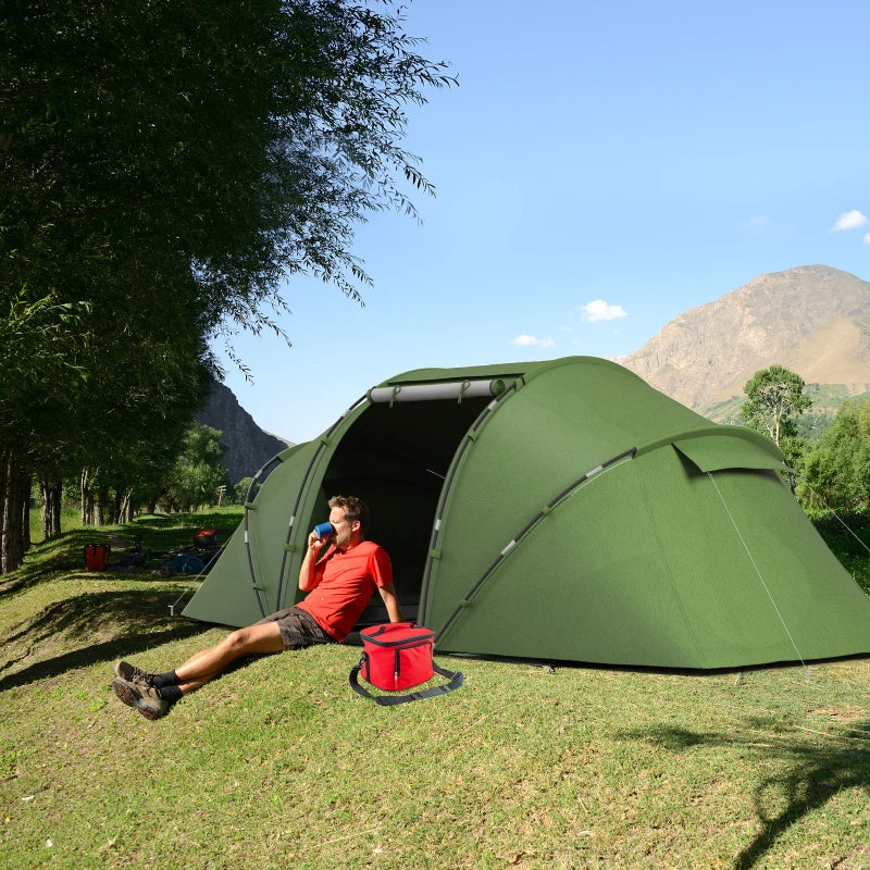 Dark Green 4-6 Person Camping Tunnel Tent with Two Bedrooms and UV Protection