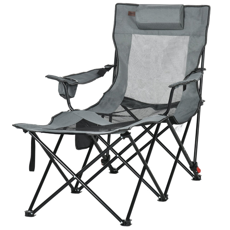 Grey Foldable Reclining Garden Chair with Footrest and Headrest