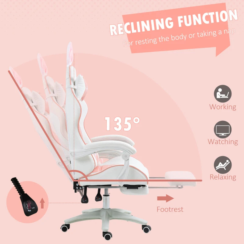 Pink Racing Gaming Chair with Rabbit Ears, Footrest, Headrest & Lumbar Support