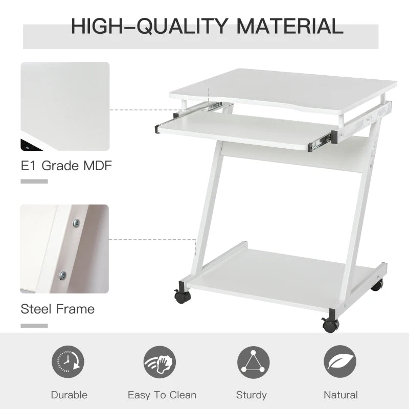 White Mobile Computer Desk with Sliding Keyboard Tray