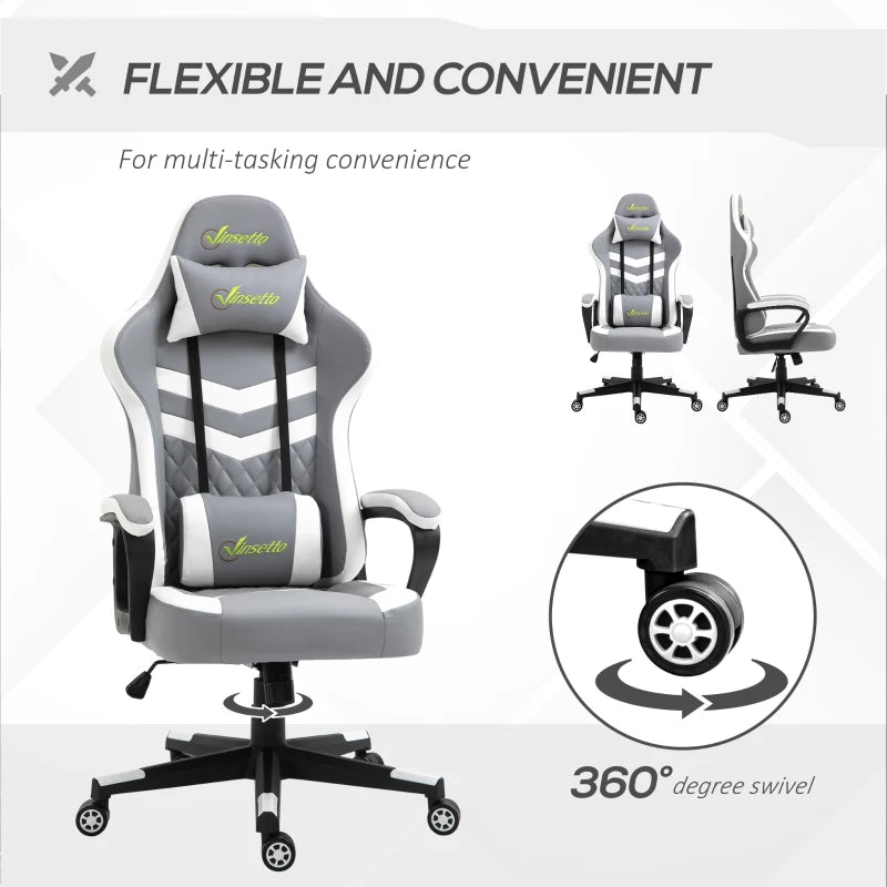 Grey White Gaming Chair with Lumbar Support and Swivel Wheels