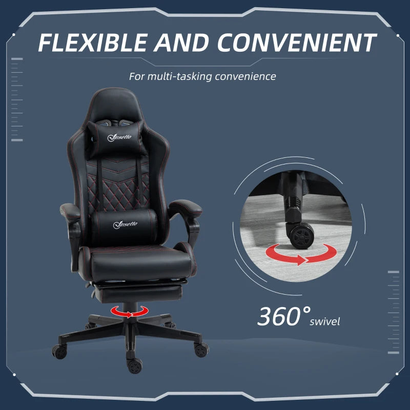 Black Red Racing Gaming Chair with Footrest and Swivel Wheel