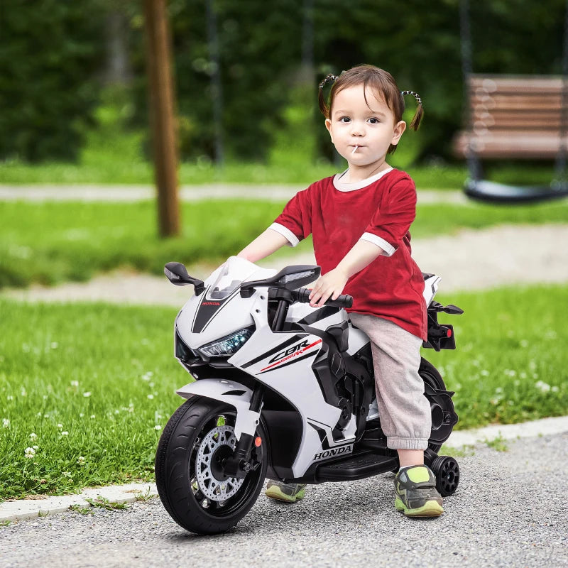 White Kids Electric Motorcycle with Lights & Music, 6V Battery-Powered Ride-On Toy