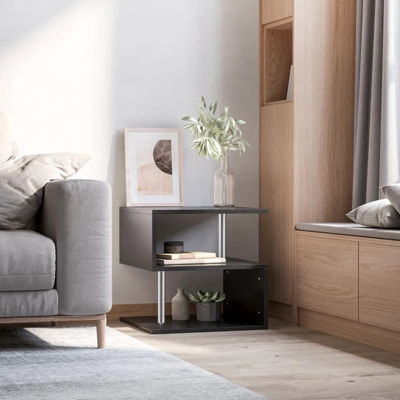 Black Wooden S-Shaped Coffee Table with 2-Tier Storage Shelves