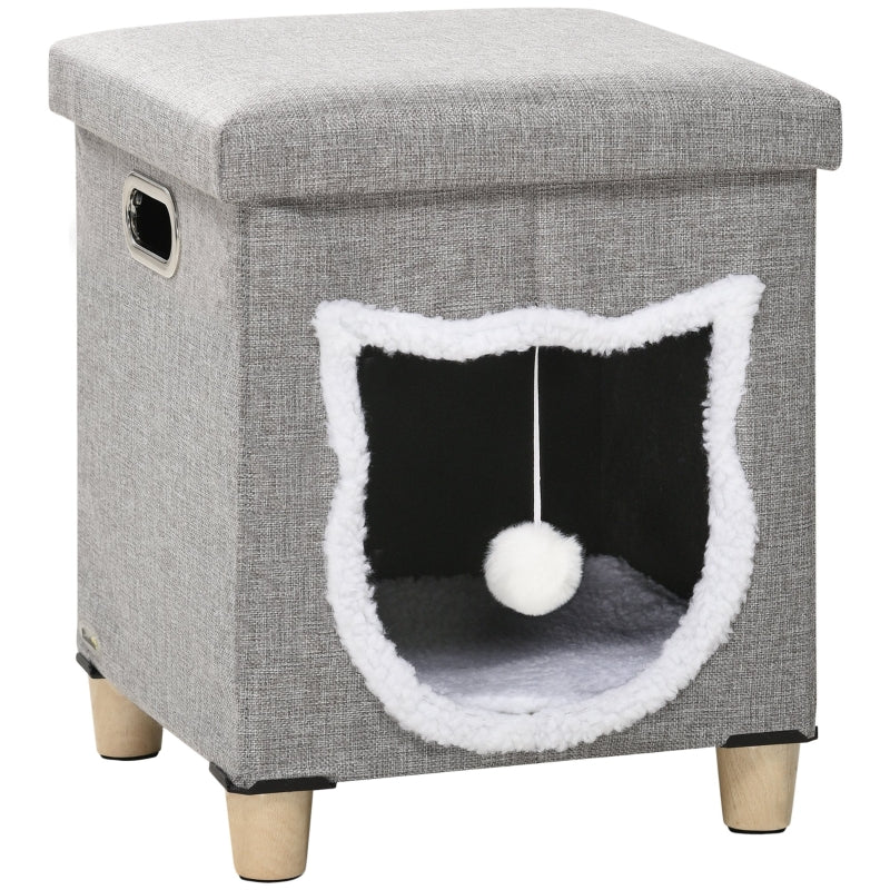 Grey Cat Bed Ottoman with Scratching Pad and Toy Ball