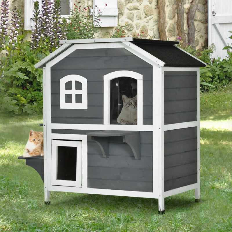 Grey 2-Story Weatherproof Wooden Cat Enclosure with Escape Door