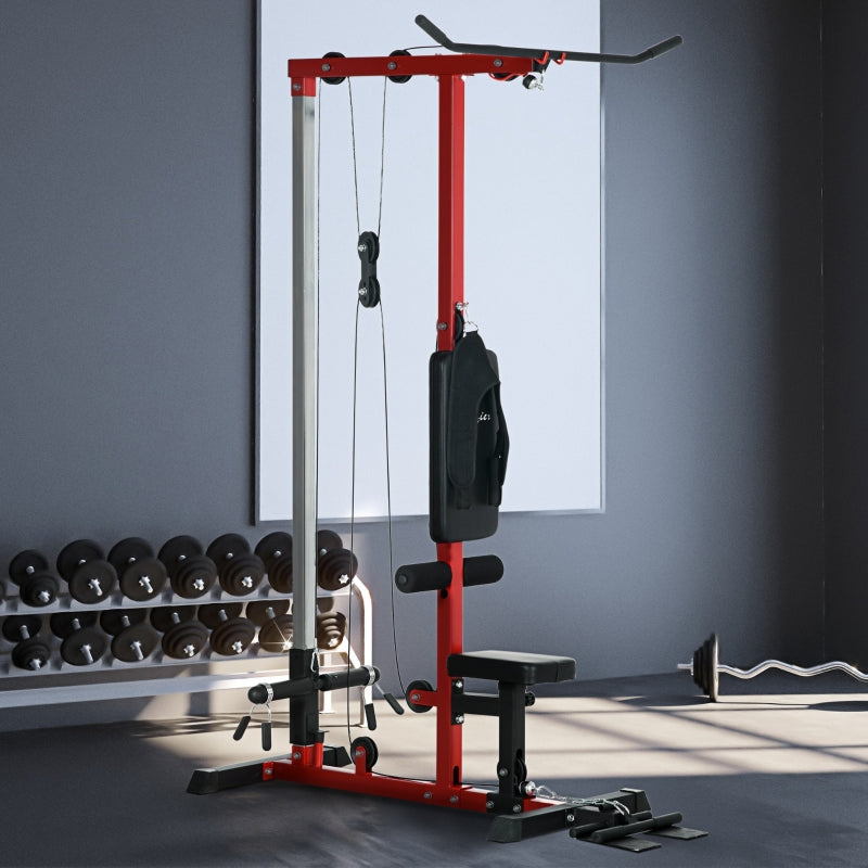 Red Pull Up Station with Adjustable Seat and Lat Pulldown - Home Gym Fitness Equipment