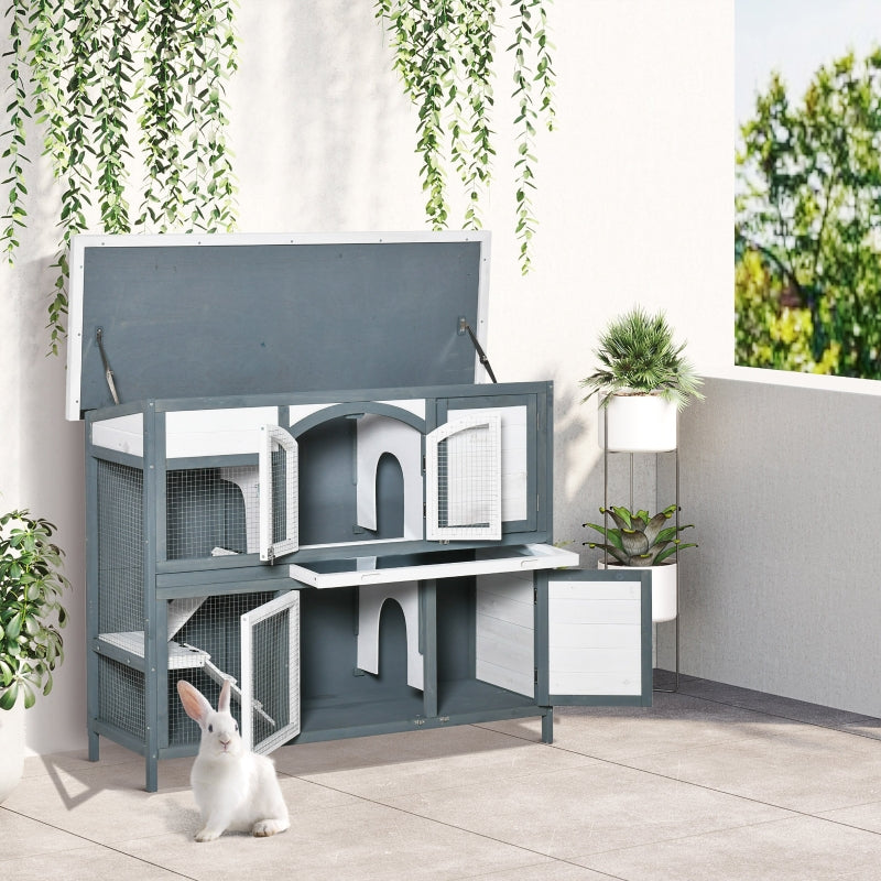 Grey 2 Tier Outdoor Rabbit Hutch with Ramp and Openable Roof