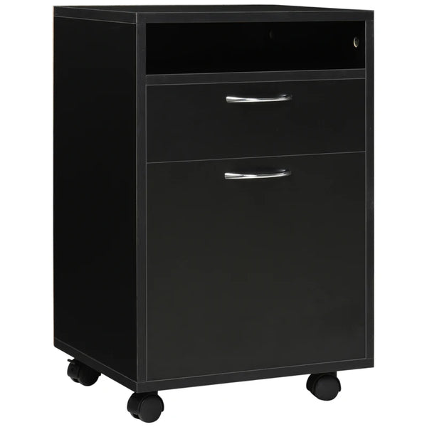 Black 60cm Storage Cabinet with Drawer, Open Shelf, Metal Handles, 4 Wheels - Office Home Organizer