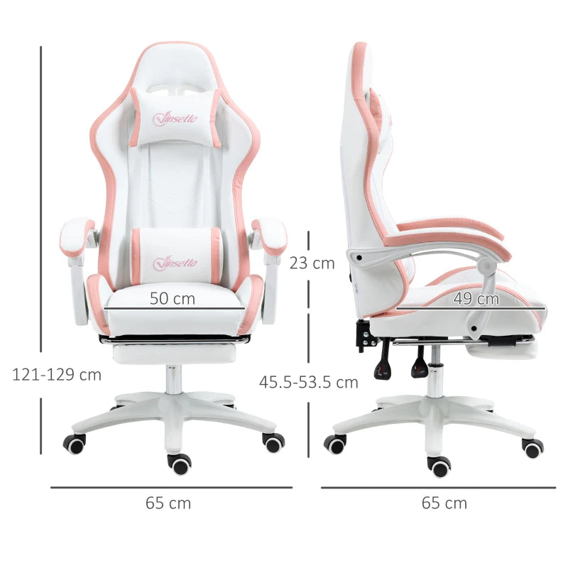 White and Pink Racing Gaming Chair with Footrest and Swivel Seat