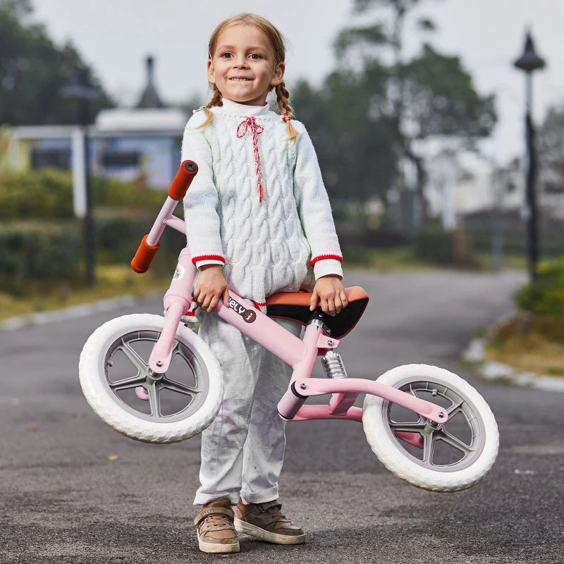 12" Pink Kids Balance Bike - No Pedal Bicycle with Adjustable Seat and Shock Absorber